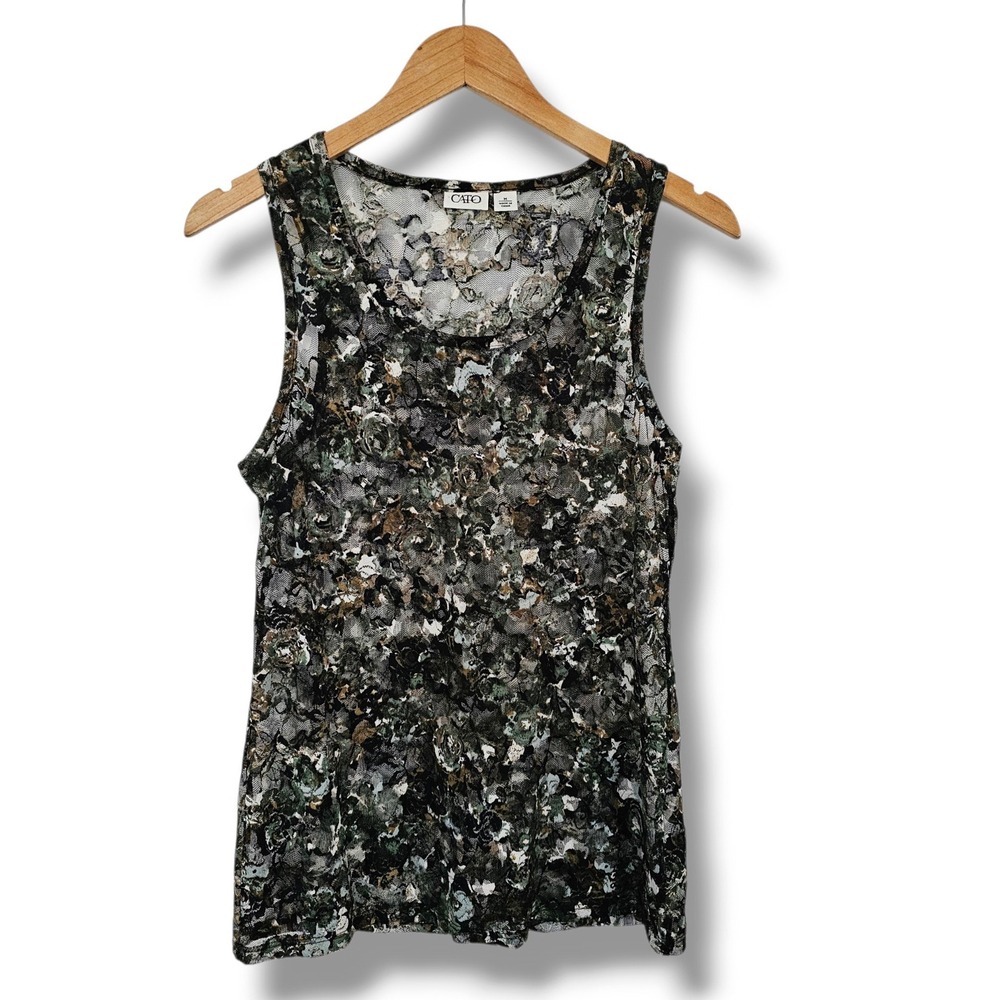 Green Floral Lace Mesh Tank Top M Womens Stretch Whimsigoth Earthy Dark Fairy